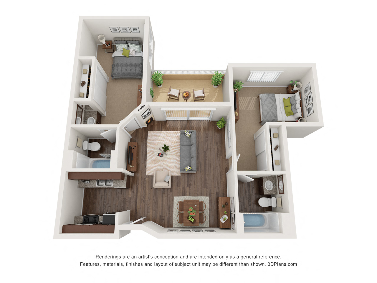 Floor plan for 2 beds, 2 baths, 1040 sqft